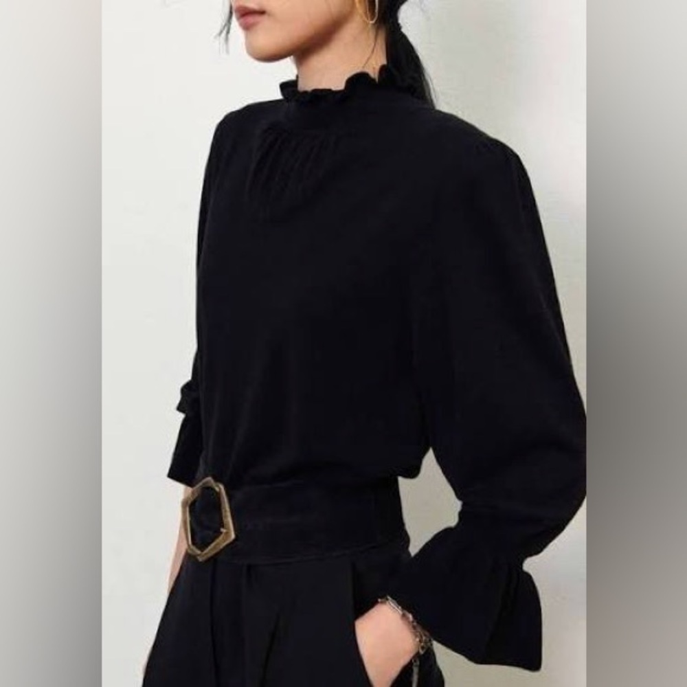 Ba&sh Sinto Knit Ruffle Sleeve Mockneck Pullover in Black Size 2